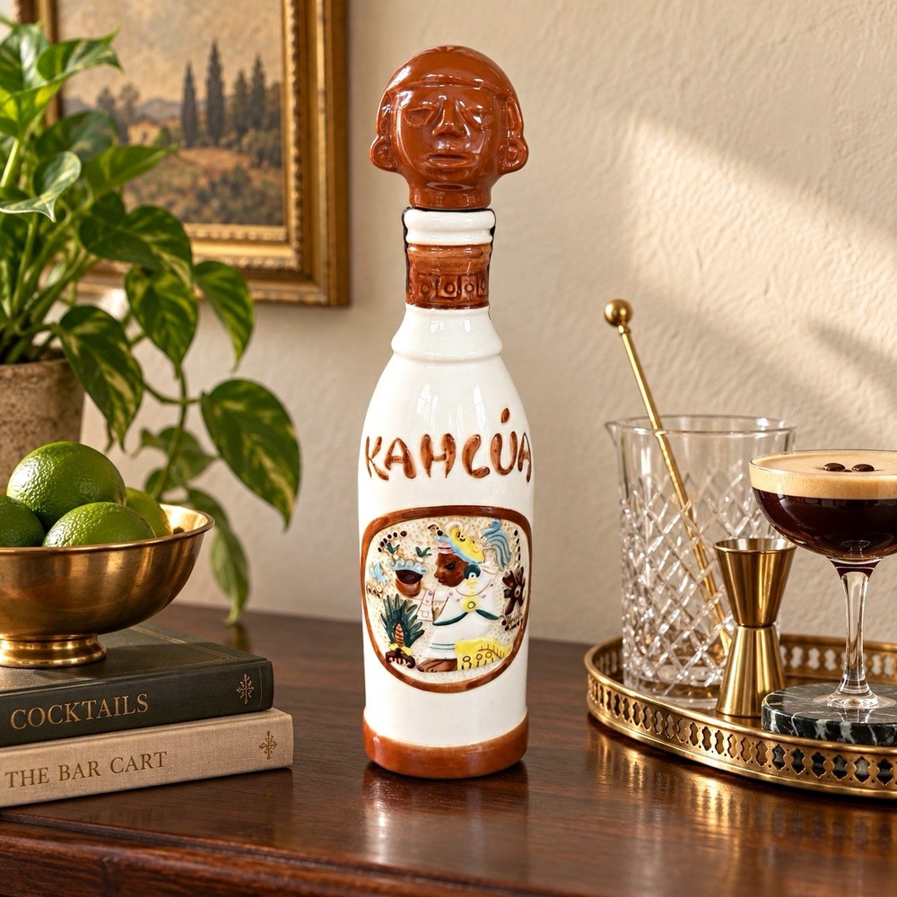 Vintage Kahlua Ceramic Decanter Bottle Aztec Warrior Head Stopper Mexico Barware